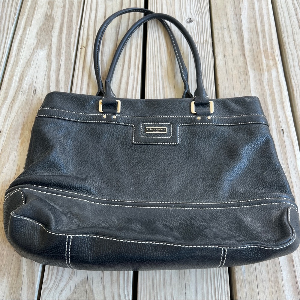 Kate Spade Black Leather Tote white stitching vintage green interior